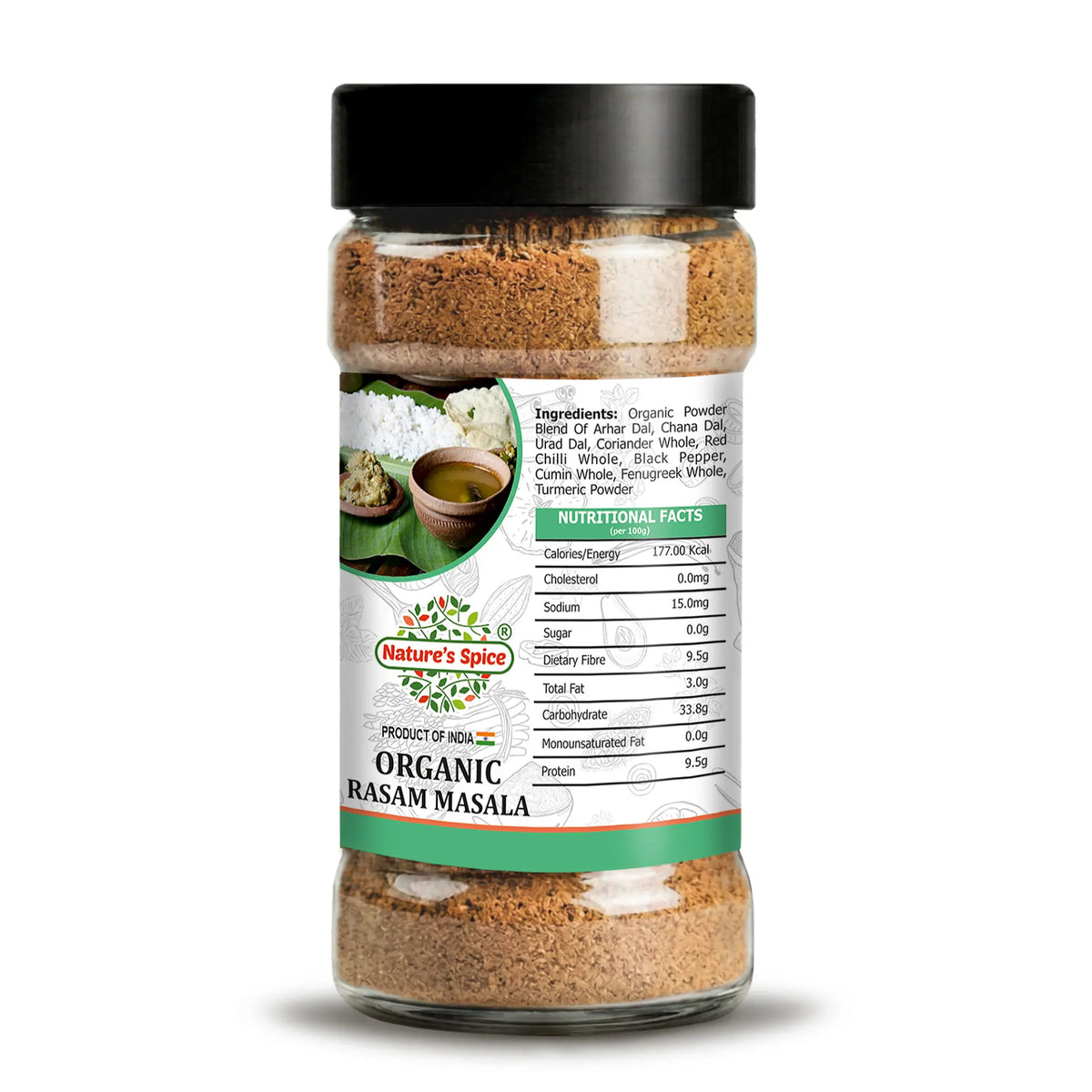 A clear plastic spice jar filled with organic Rasam Masala powder, featuring a black lid and a white label with green and red accents. The label displays the brand 'Nature's Spice' and the product name 'Organic Rasamasa'.