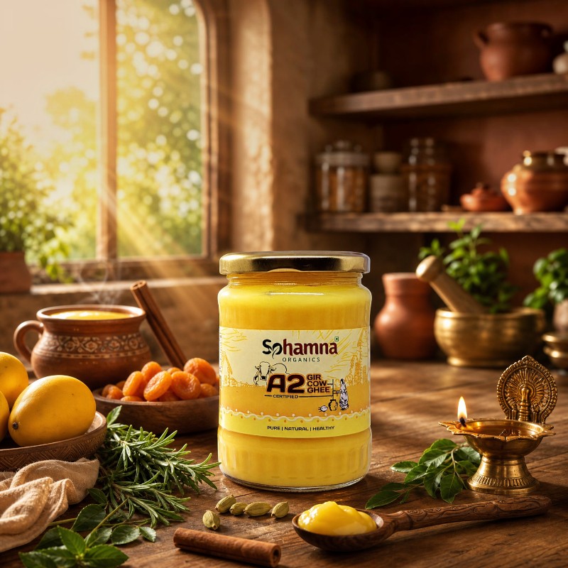 A jar of Sohamna Organics A2 Gir Cow Ghee stands on a rustic wooden table surrounded by ingredients and kitchen props, including lemons, spices, herbs, a brass oil lamp, and shelves in the background.