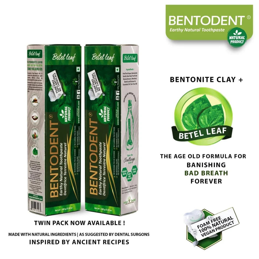 Two boxes of Bentodent Betel Leaf toothpaste shown on a white promotional background with product callouts, branding, and feature text.