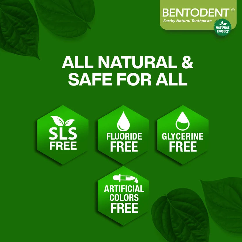 Bentodent toothpaste advertisement with green background and leaf elements, highlighting natural and safe features.