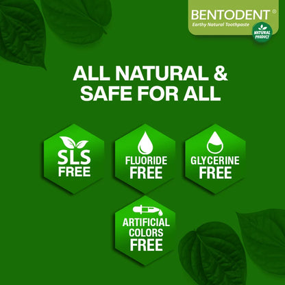 Bentodent toothpaste advertisement with green background and leaf elements, highlighting natural and safe features.