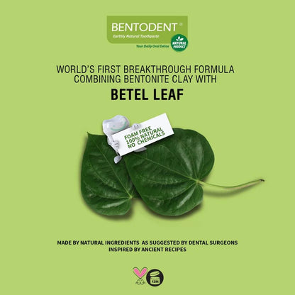 Bentodent toothpaste packaging with betel leaf on a green background