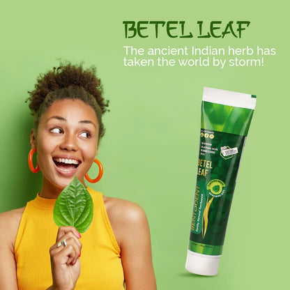 A smiling woman in a yellow top holds a green betel leaf against a light green background, next to a tube of Betel Leaf mouthwash. Text at the top reads 'BETEL LEAF' with a tagline about the ancient Indian herb.