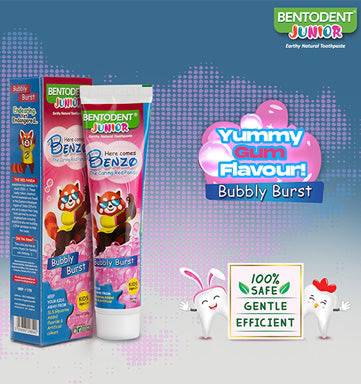 Bentodent Junior Yummy Gum Flavour Bubbly Burst toothpaste tube and its blue packaging box, featuring cartoon animal graphics on a blue and purple gradient background with product branding and flavor callouts.