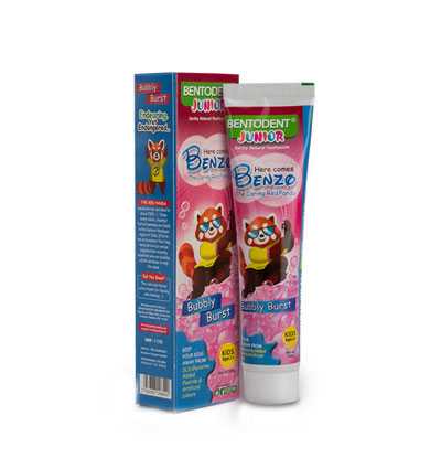 A tube and box of Bentodent Junior Bubbly Burst toothpaste, featuring a pink and blue design with a cartoon ferret character, shown on a white background.