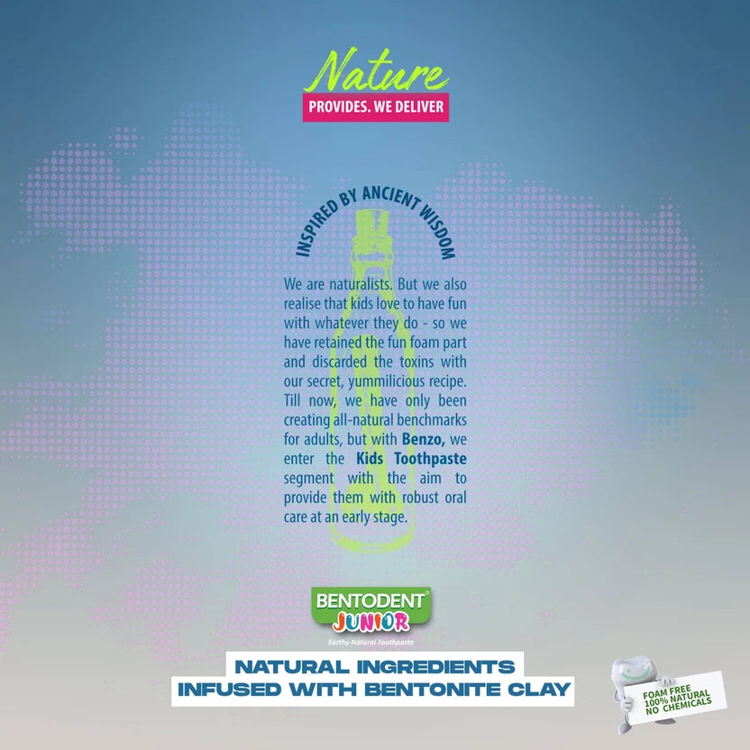 A promotional graphic for Bentodent Junior Kids Toothpaste on a blue gradient background with a faint world map outline. The text highlights natural ingredients, infused with bentonite clay, and includes a small image of the toothpaste tube in the bottom right corner.