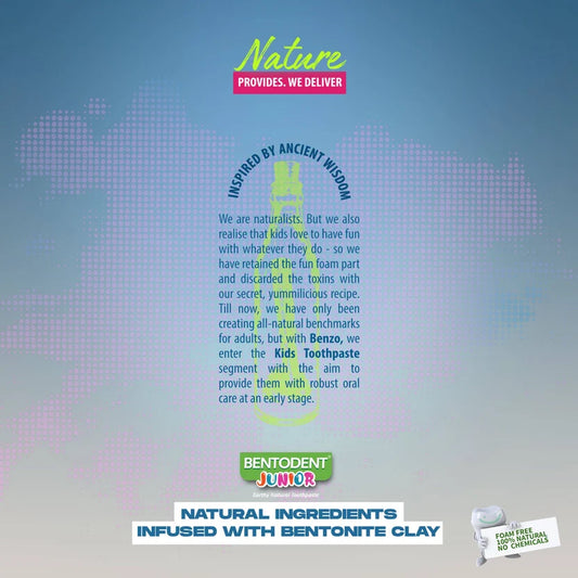A promotional graphic for Bentodent Junior Kids Toothpaste on a blue gradient background with a faint world map outline. The text highlights natural ingredients, infused with bentonite clay, and includes a small image of the toothpaste tube in the bottom right corner.