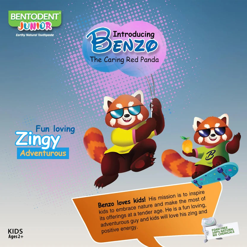 Promotional graphic for Bentodent Junior toothpaste featuring cartoon red pandas named Benzo and Zingy on a blue gradient background with text and product branding.