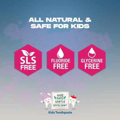 Promotional graphic for kids toothpaste with the text 'ALL NATURAL & SAFE FOR KIDS' above three pink hexagons reading 'SLS FREE', 'FLUORIDE FREE', and 'GLYCERINE FREE'. A small cartoon tooth and bunny appear at the bottom with the label 'Kids Toothpaste'.