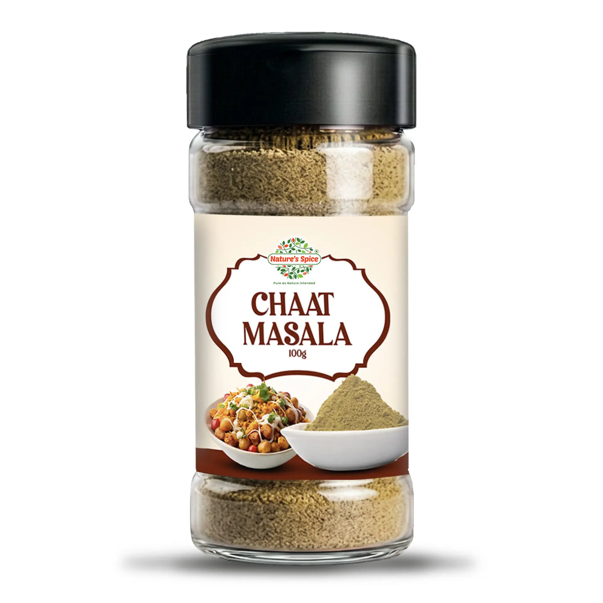 A 100g glass jar of Chaat Masala spice mix by Sohamna Organics, featuring a black lid and a cream-colored label with brown text and food illustrations, set against a plain white background.