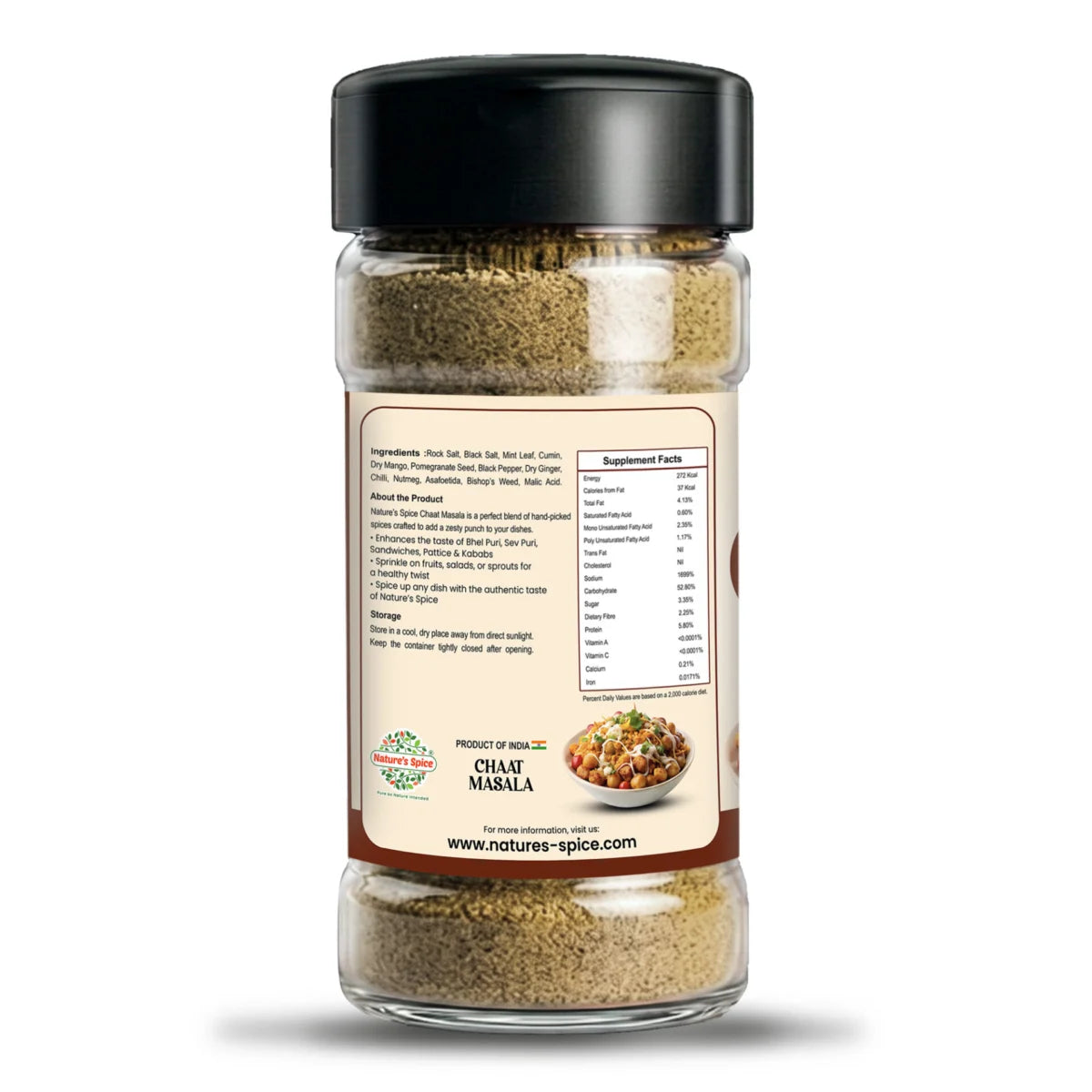 A clear plastic spice jar of Sohamna Organics Chaat Masala with a black lid and a beige label showing the back side, set against a plain white background.