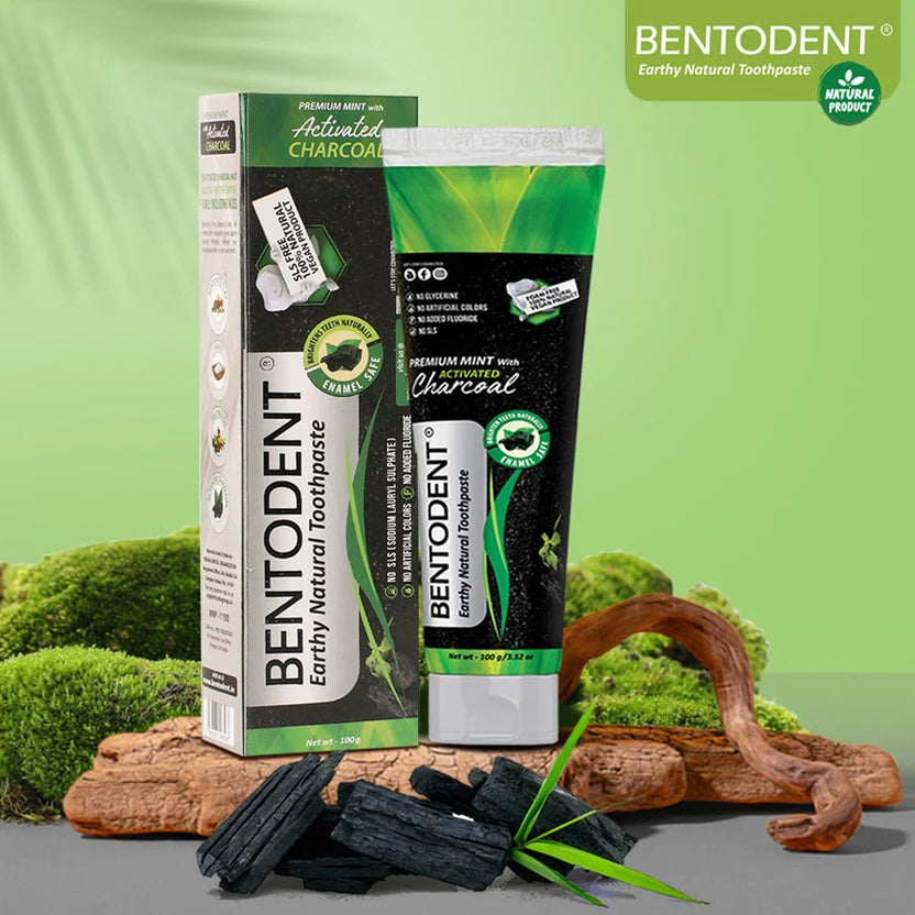 Bentodent Charcoal Mint Natural Toothpaste shown in its green and white packaging box alongside the toothpaste tube, styled with charcoal pieces, moss, and driftwood on a light green background.