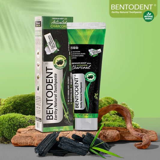 Bentodent Charcoal Mint Natural Toothpaste shown in its green and white packaging box alongside the toothpaste tube, styled with charcoal pieces, moss, and driftwood on a light green background.