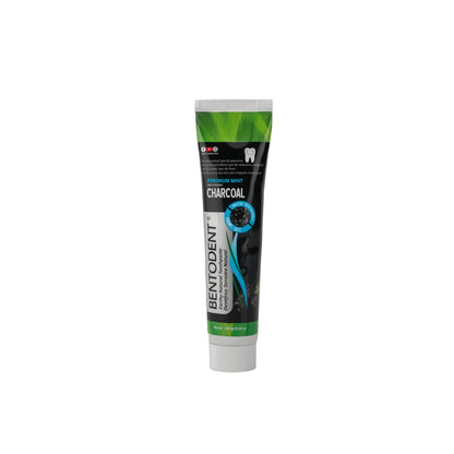 A tube of Bentodent Charcoal toothpaste on a plain white background. The packaging features a black and green design with a toothbrush graphic showing black charcoal.