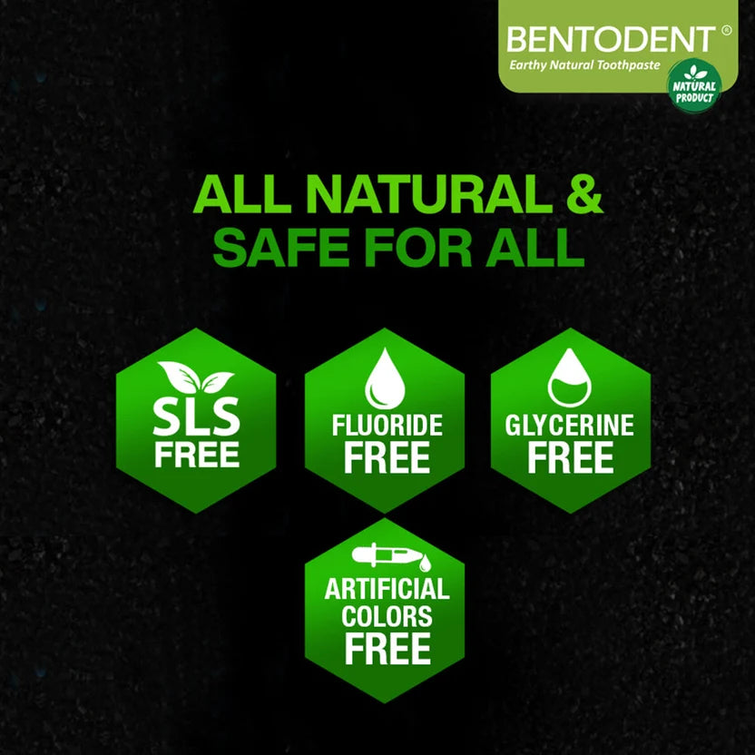 Promotional graphic for Bentodent toothpaste on a dark textured background, with green hexagon icons highlighting SLS Free, Fluoride Free, Glycerine Free, and Artificial Colors Free.