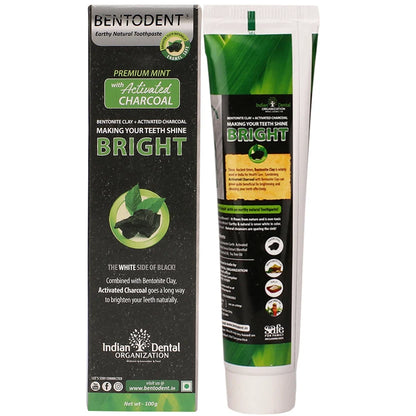 Bentodent Premium Mint with Activated Charcoal toothpaste shown with its black and green retail box and the toothpaste tube on a plain white background.