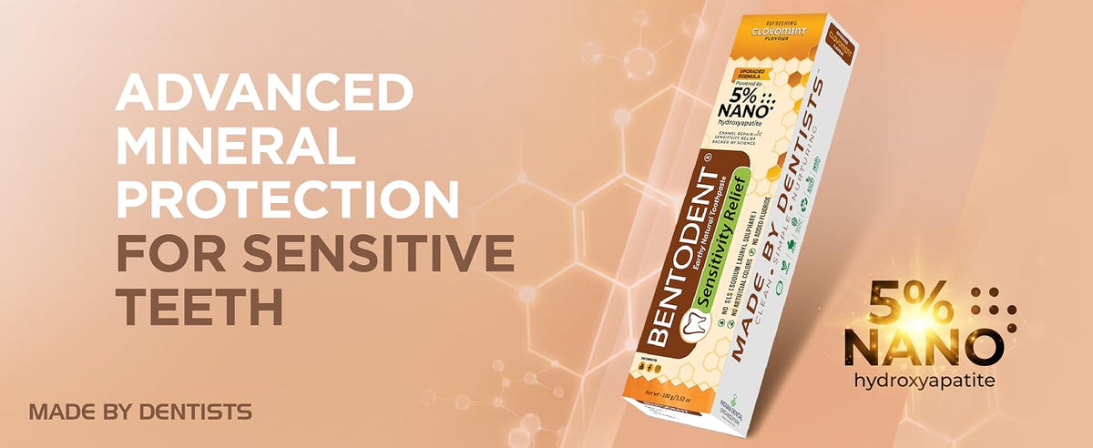 A box of Bentodent sensitive teeth toothpaste is shown on a peach-colored background with marketing text reading 'ADVANCED MINERAL PROTECTION FOR SENSITIVE TEETH' and '5% NANO hydroxyapatite'.