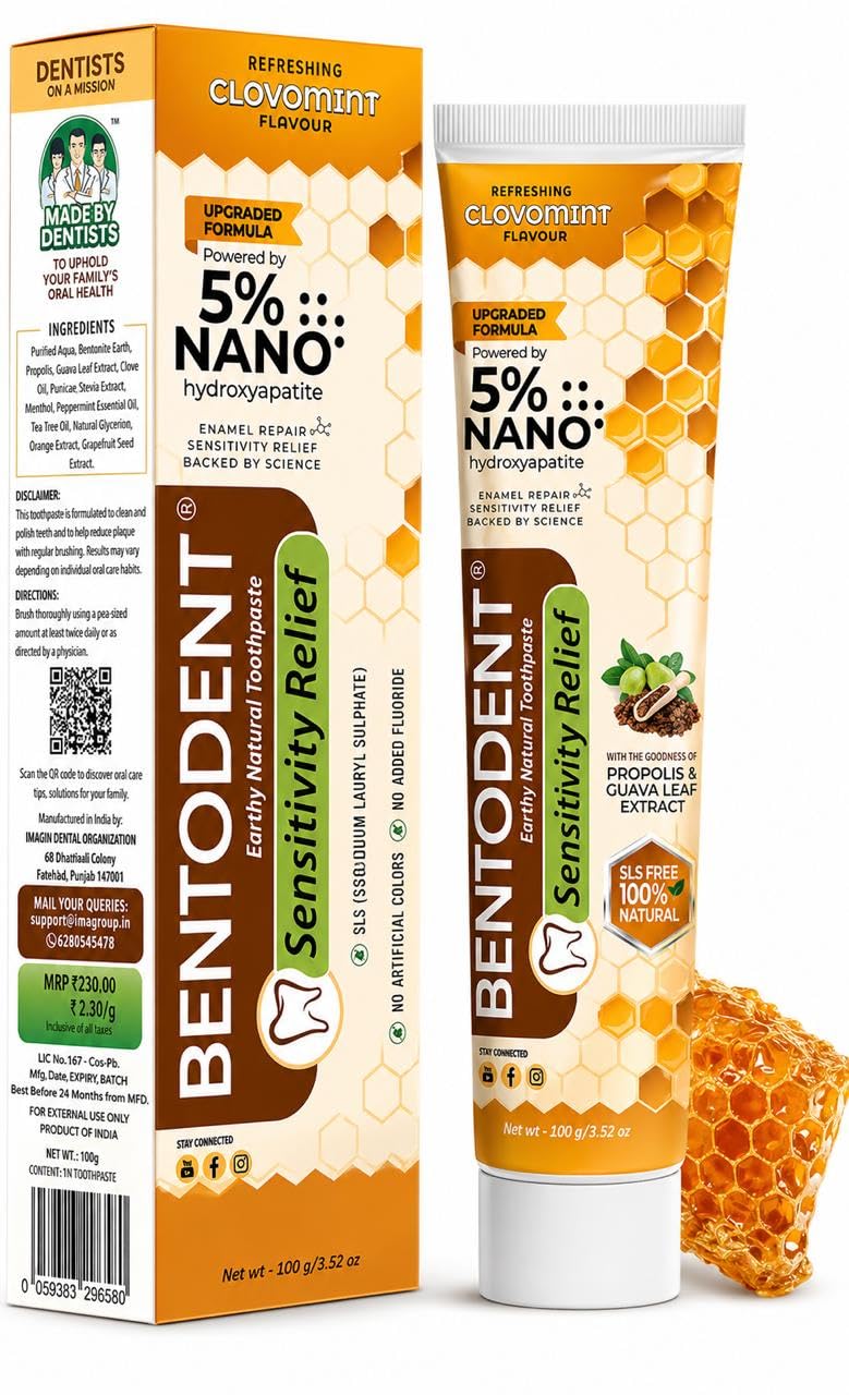 Bentodent Sensitivity Relief toothpaste in Clovomint flavor, shown as a white tube with orange and green labeling alongside its matching orange and white box. A honeycomb prop and small botanical illustrations appear on the packaging design.
