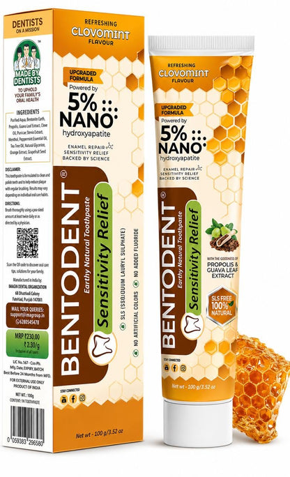 Bentodent Sensitivity Relief toothpaste in Clovomint flavor, shown as a white tube with orange and green labeling alongside its matching orange and white box. A honeycomb prop and small botanical illustrations appear on the packaging design.