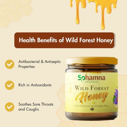 A jar of Sohamna Organics Wild Forest Honey is featured on the right side of a promotional graphic with text on the left detailing its health benefits, including antibacterial, antiseptic, antioxidant, and throat-soothing properties. The background is a soft beige with honey-drip illustrations at the top.