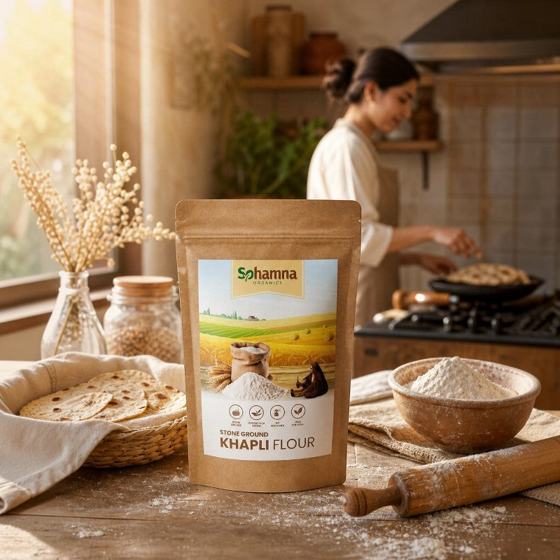 A stand-up pouch of Sohamna Organics Khapli Flour stands on a rustic wooden table in a warm kitchen setting, with flatbread, a bowl of flour, a rolling pin, and a woman cooking in the background.