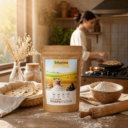 A stand-up pouch of Sohamna Organics Khapli Flour stands on a rustic wooden table in a warm kitchen setting, with flatbread, a bowl of flour, a rolling pin, and a woman cooking in the background.