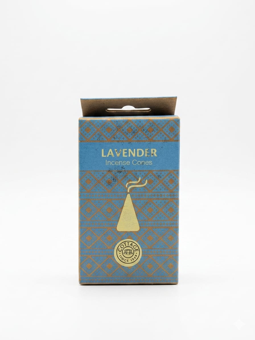 A rectangular product box for lavender incense cones, featuring a blue and gold geometric pattern with a gold incense cone illustration and a circular 'Celtic Fire' logo near the bottom, set against a plain white background.