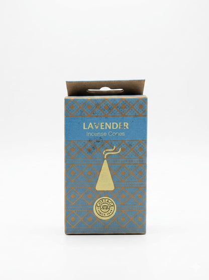 A rectangular product box for lavender incense cones, featuring a blue and gold geometric pattern with a gold incense cone illustration and a circular 'Celtic Fire' logo near the bottom, set against a plain white background.