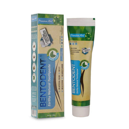 Bentodont Earthy Natural Toothpaste shown in its retail box and squeeze tube packaging on a plain white background.