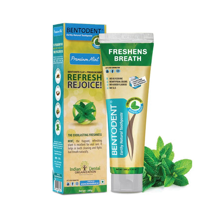 Bentodont Premium Mint Freshens Breath toothpaste shown in its packaging box and squeeze tube, alongside fresh mint leaves on a white background.
