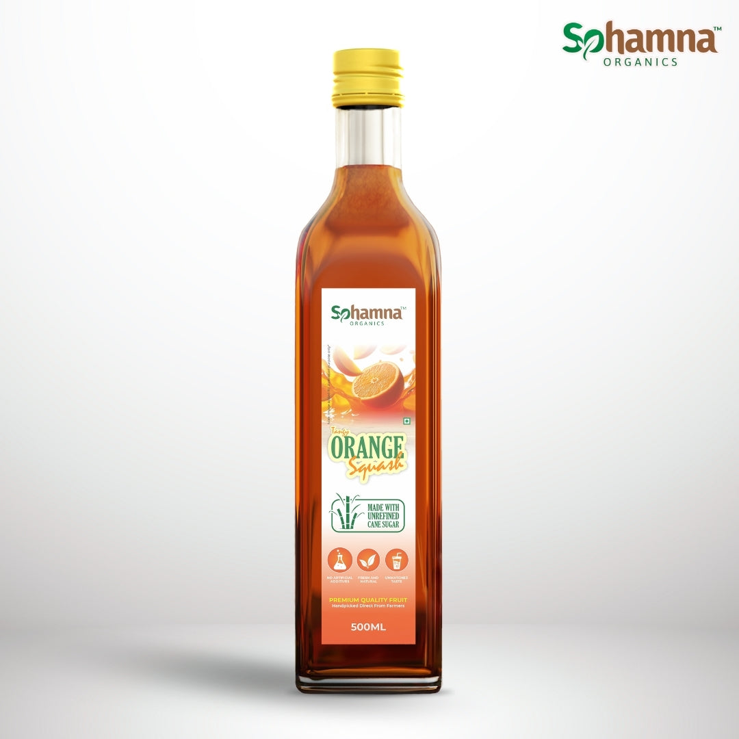 Natural orange squash bottle, front label with amber glass and yellow cap