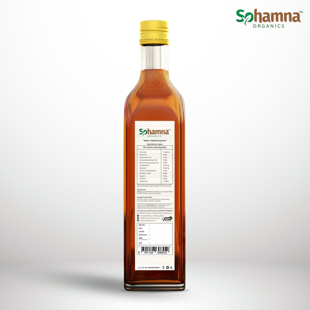 Natural orange squash bottle, back label view with amber glass and yellow cap