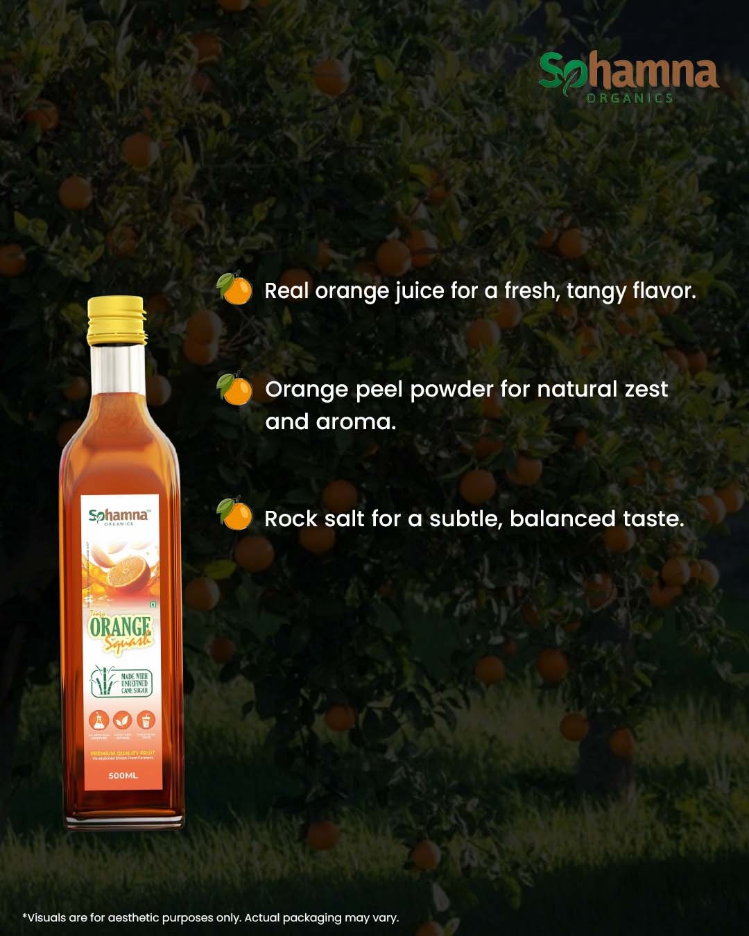 Natural orange squash bottle, amber glass with yellow cap and front label