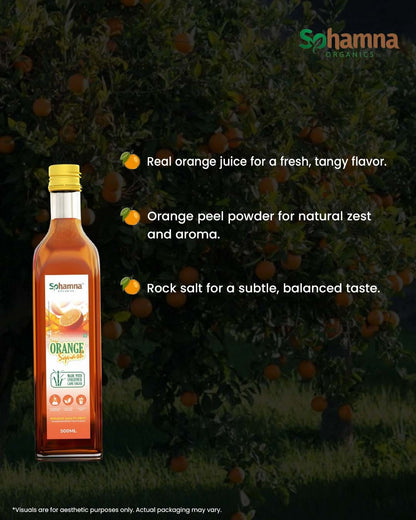 Natural orange squash bottle, amber glass with yellow cap and front label