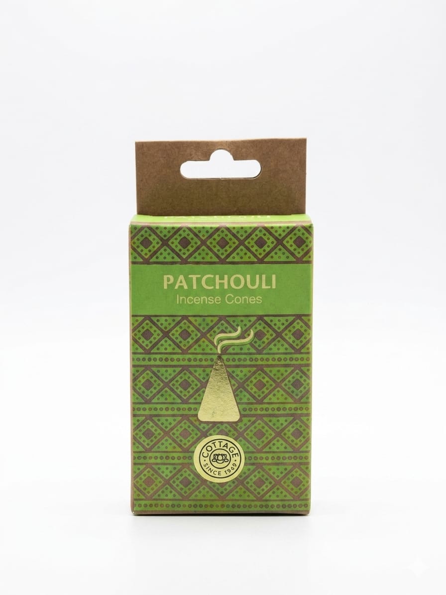 A package of Patchouli Incense Cones by Sohamna Organics, featuring a green and brown geometric patterned box with a brown cardboard hanger tab at the top, set against a plain white background.