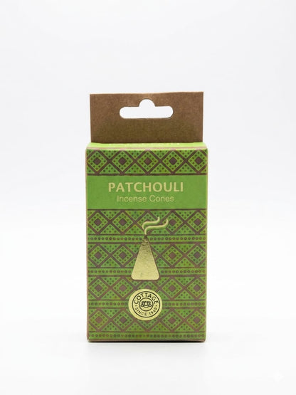A package of Patchouli Incense Cones by Sohamna Organics, featuring a green and brown geometric patterned box with a brown cardboard hanger tab at the top, set against a plain white background.