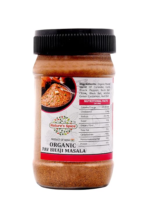 A jar of Sohamna Organics Pav Bhaji Masala on a plain white background. The product has a black plastic lid and a label showing the brand 'Sohamna Organics' and the product name 'Organic Pav Bhaji Masala'.