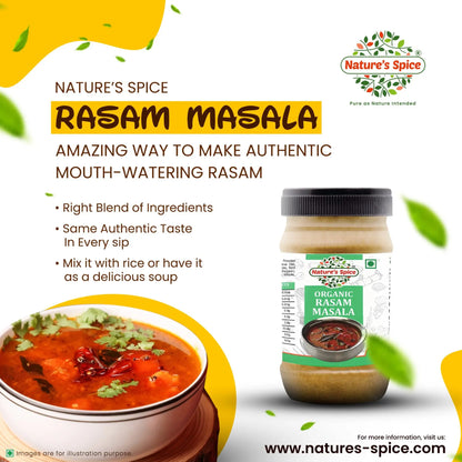 Nature's Spice Rasam Masala spice jar on a white promotional graphic with text, a bowl of prepared rasam, and decorative yellow leaf accents.