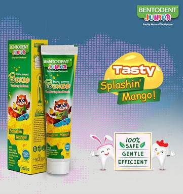Bentodent Junior children's toothpaste with packaging and branding on a gradient background