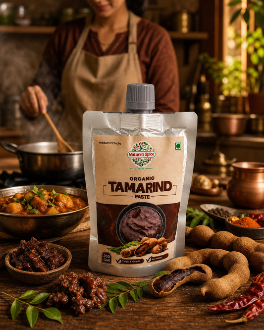 Organic tamarind paste stand-up pouch with grey screw cap and small serving pieces