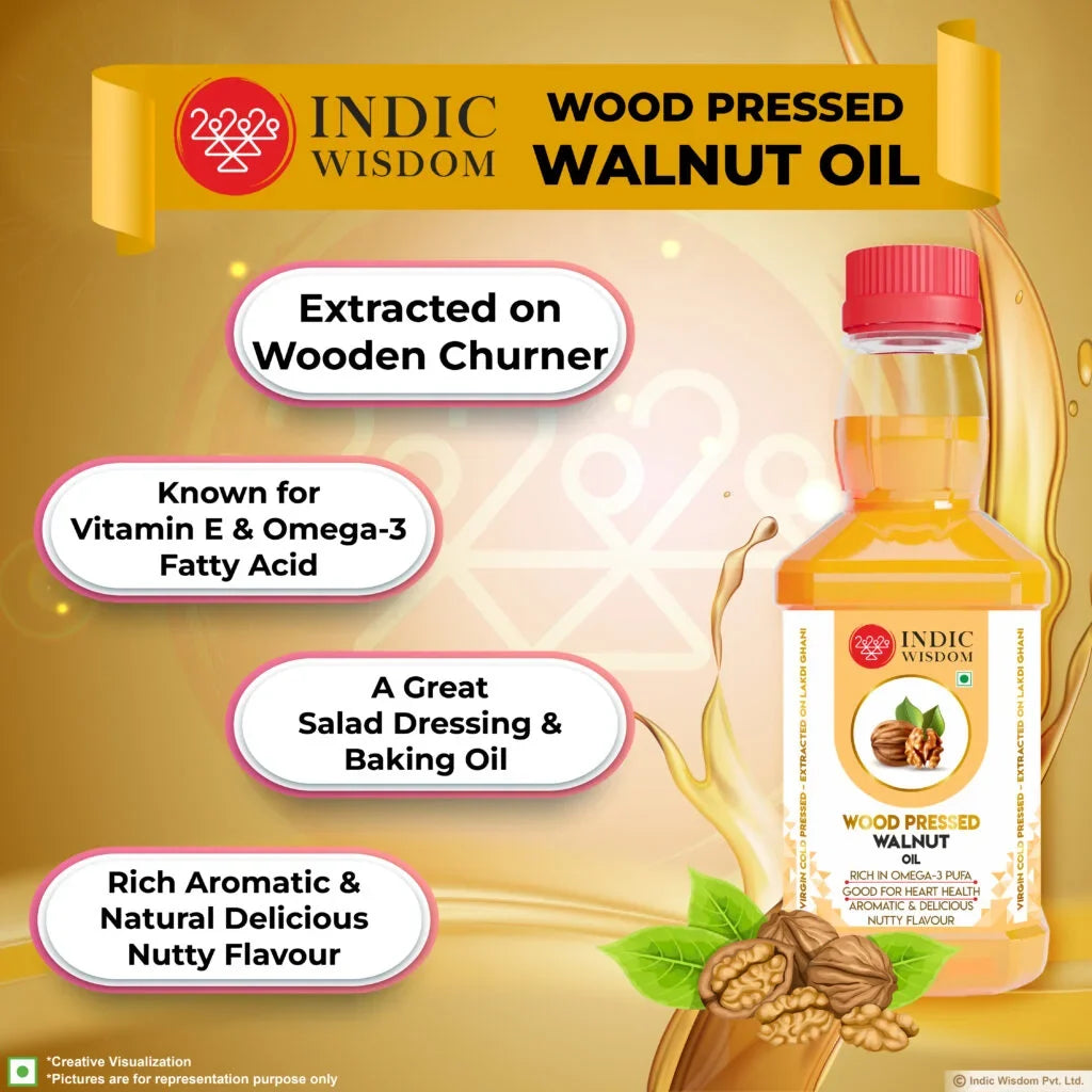 Indic Wisdom wood pressed walnut oil bottle with product features on a gold background