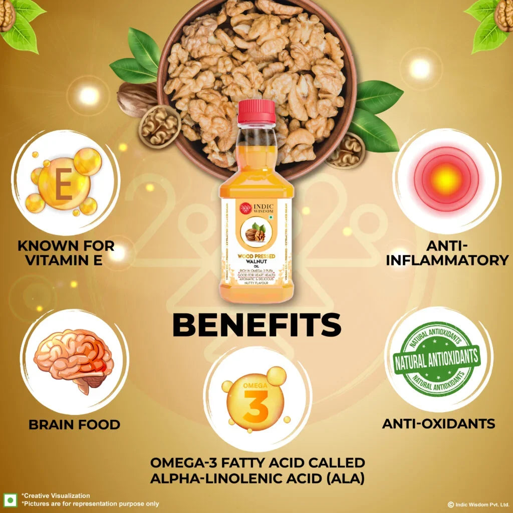 Bottle of walnut oil with health benefits on a beige background