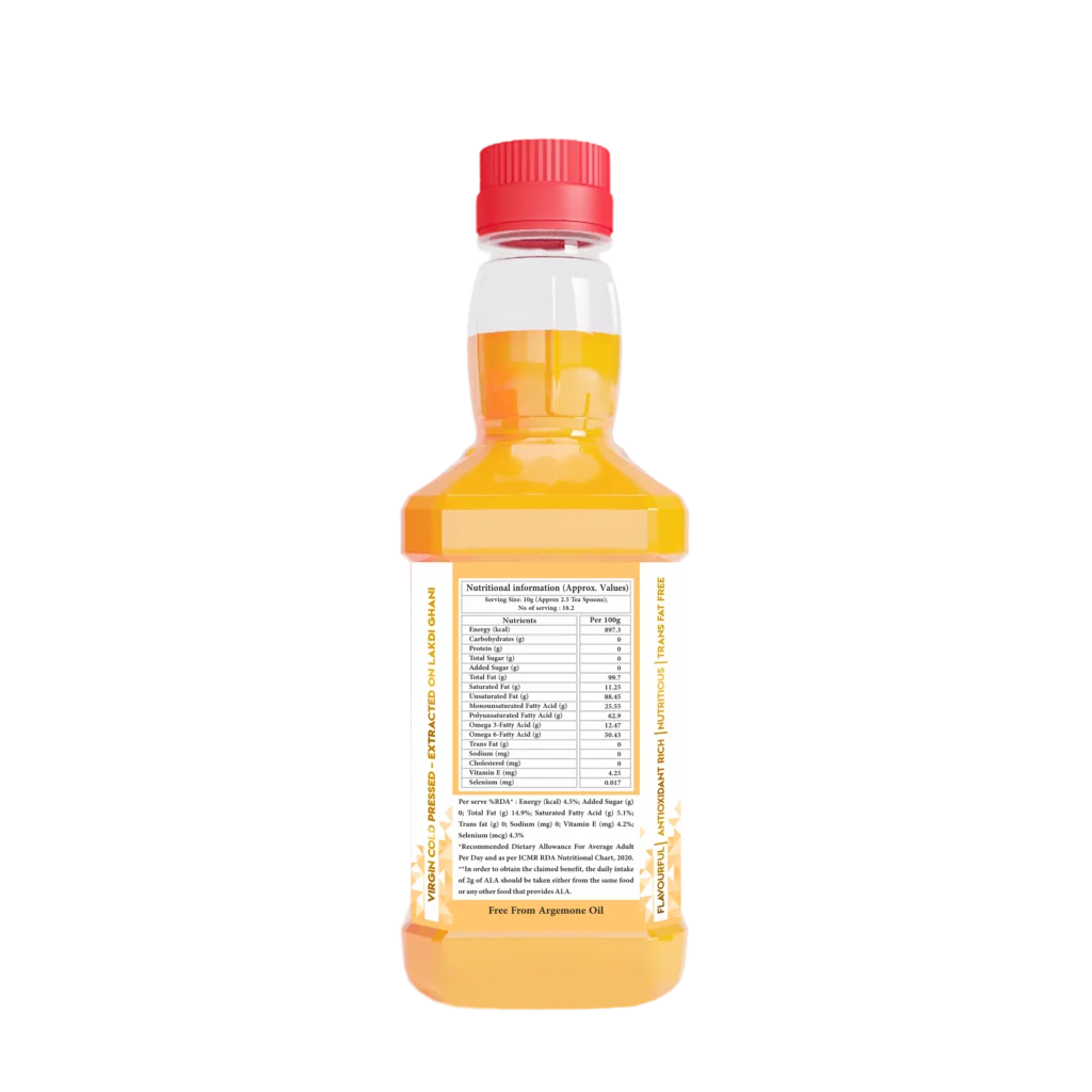 Bottle of Walnut Oil with a red cap on a white background with Nutrition values. 