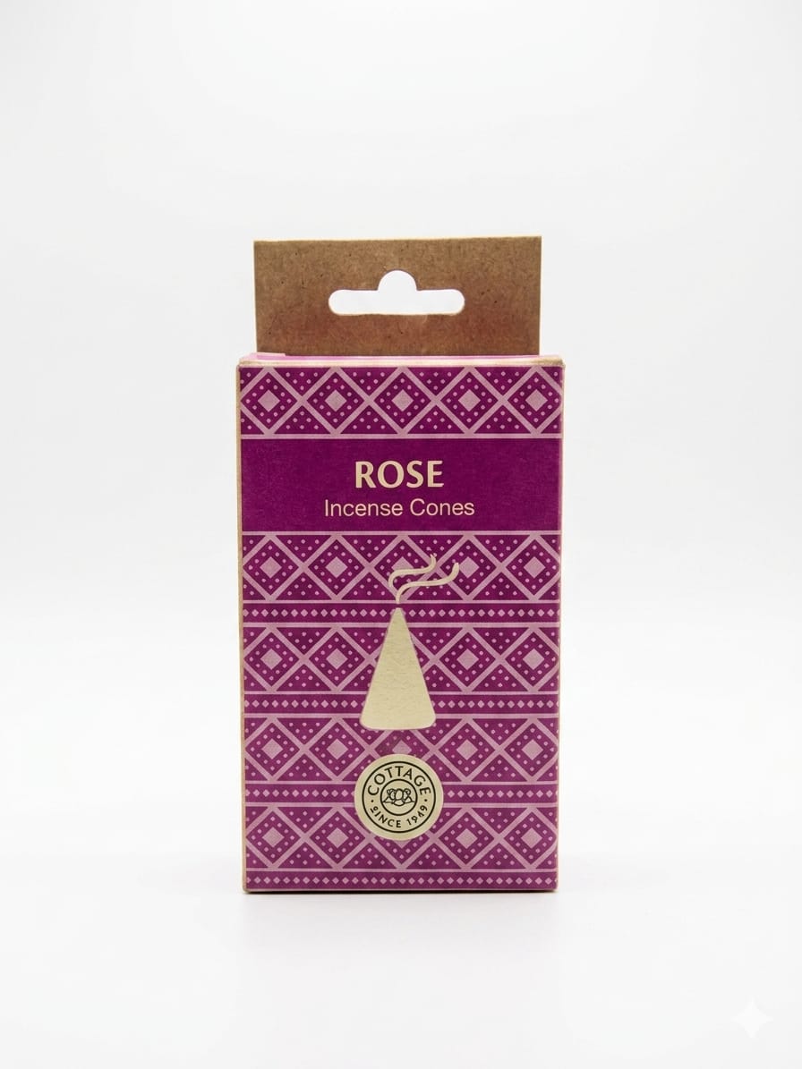 A boxed set of Rose Incense Cones by Sohamna Organics, featuring a purple and magenta geometric patterned box with a kraft paper hanger tab at the top.