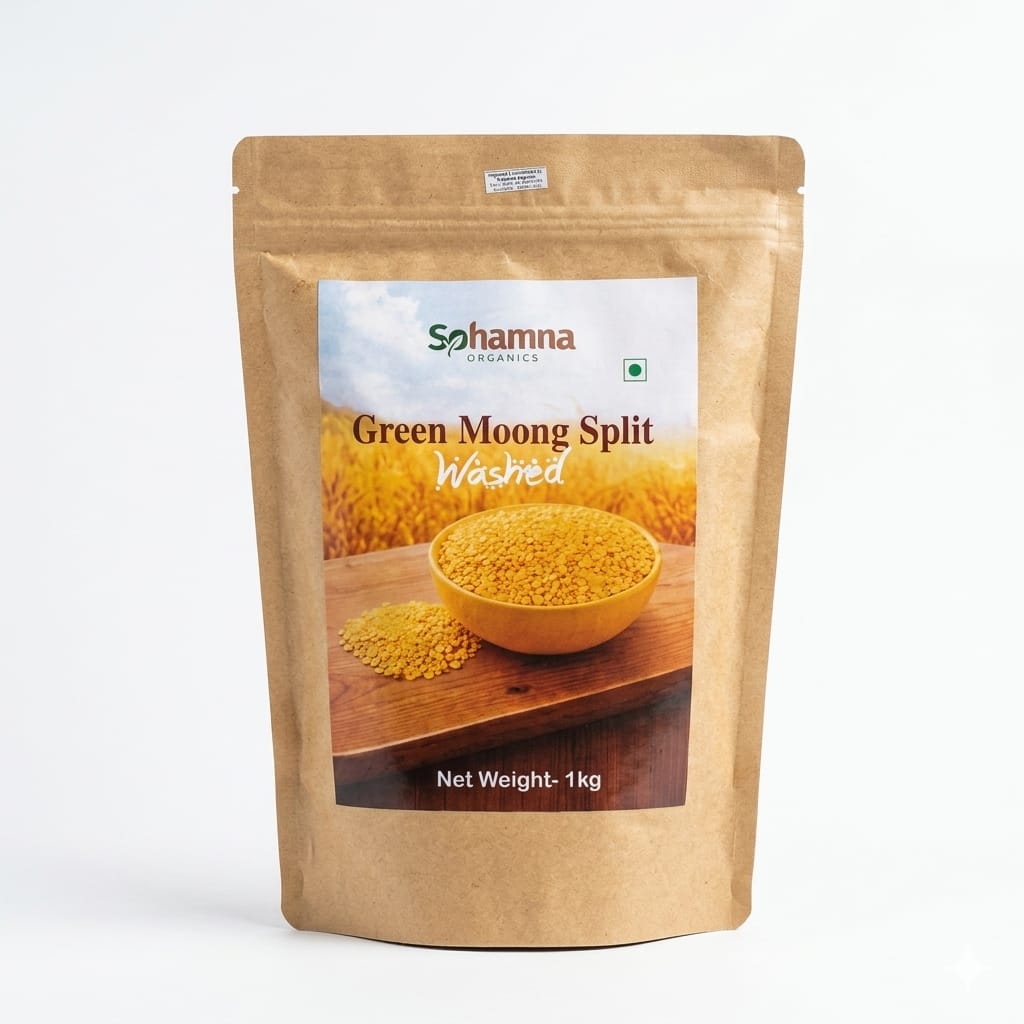 A 1kg stand-up pouch of Sohamna Organics Green Moong Split Washed, in a brown kraft paper packaging with a clear window showing the yellow lentils inside, set against a plain white background.