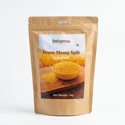 A 1kg stand-up pouch of Sohamna Organics Green Moong Split Washed, in a brown kraft paper packaging with a clear window showing the yellow lentils inside, set against a plain white background.