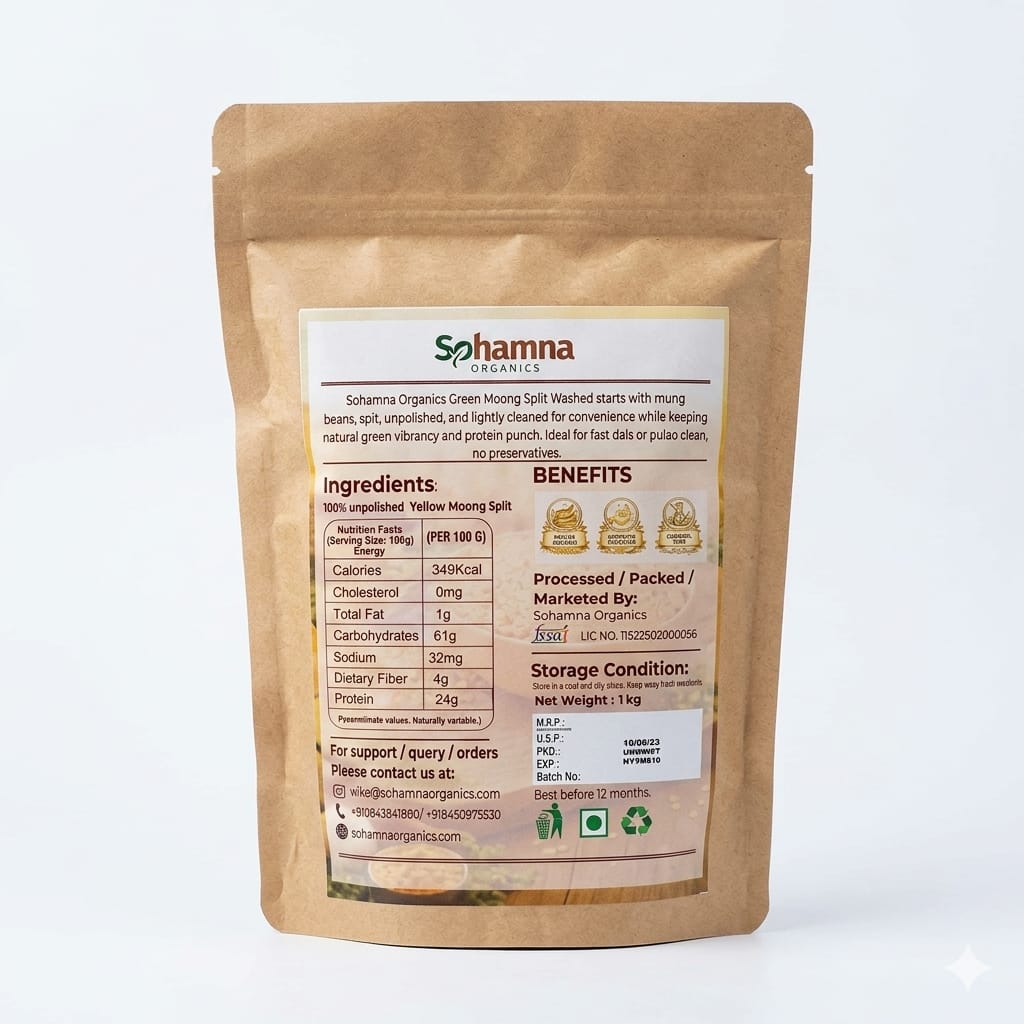 A stand-up kraft paper pouch of Sohamna Organics Green Moong Split Washed, featuring a large white label with product details, ingredients, and benefits on a clean white background.
