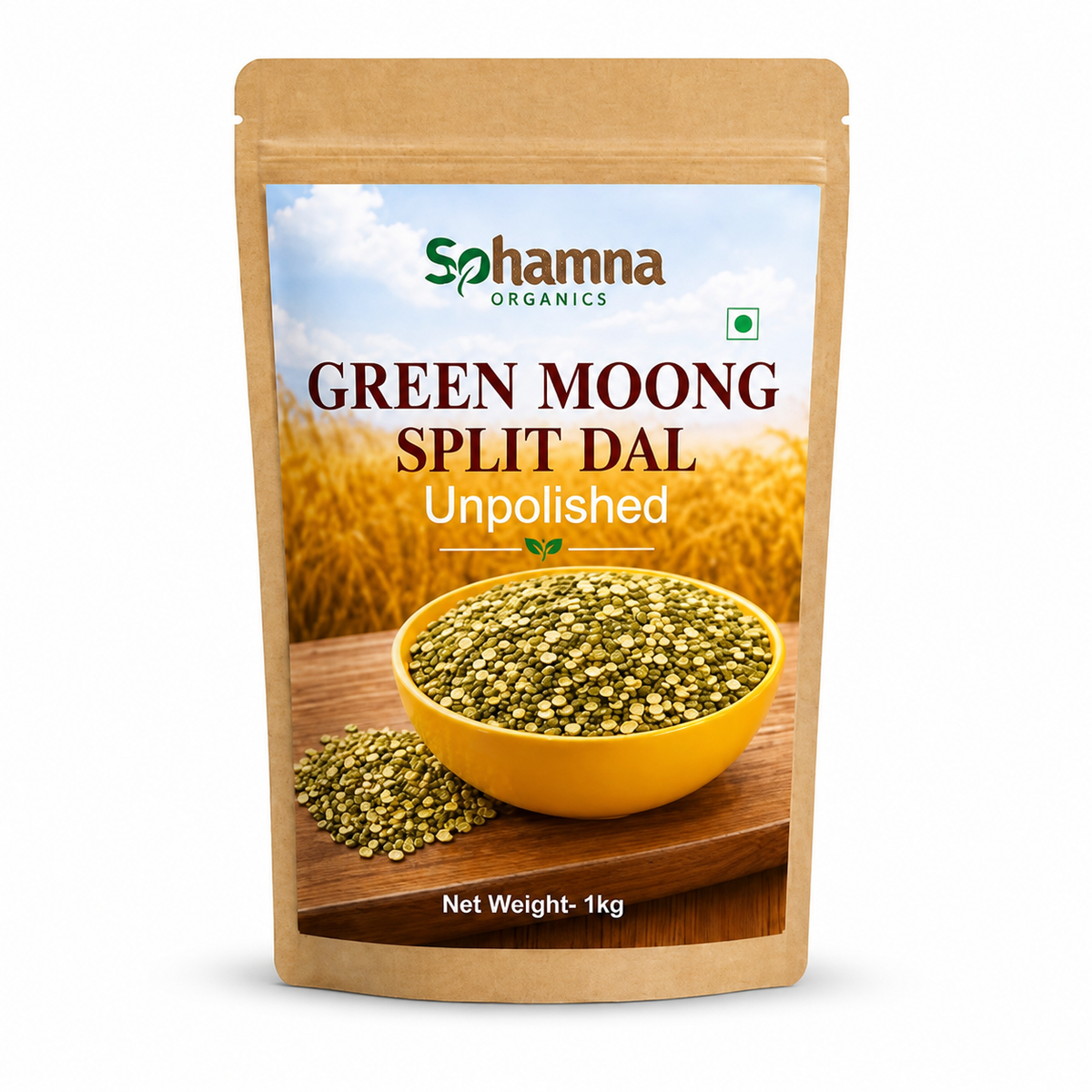 Green moong split dal unpolished pouch with bowl of green lentil halves