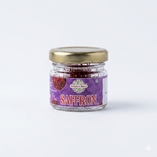 Saffron spice jar with gold lid, glass container of deep red saffron threads