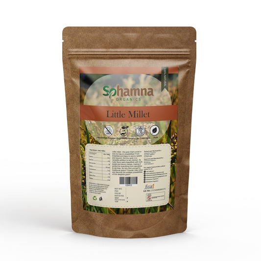 Little millet gluten-free grain pouch, brown stand-up bag with product label and nutrition panel